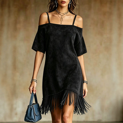 Off Shoulder Spaghetti Strap Suede Fringe Mini Dress