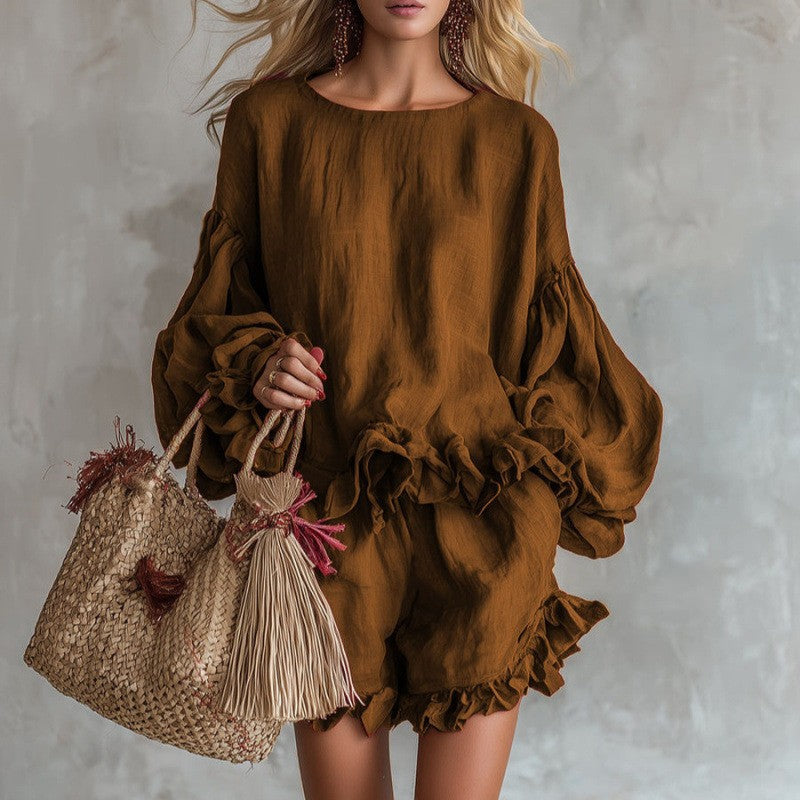 Women Ruffle Lantern Sleeve Top & Ruffle Shorts Linen Two‑Piece Matching Set