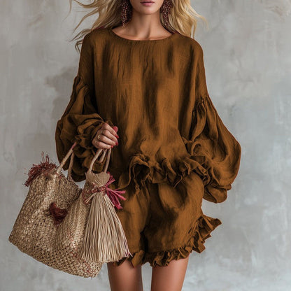 Women Ruffle Lantern Sleeve Top & Ruffle Shorts Linen Two‑Piece Matching Set