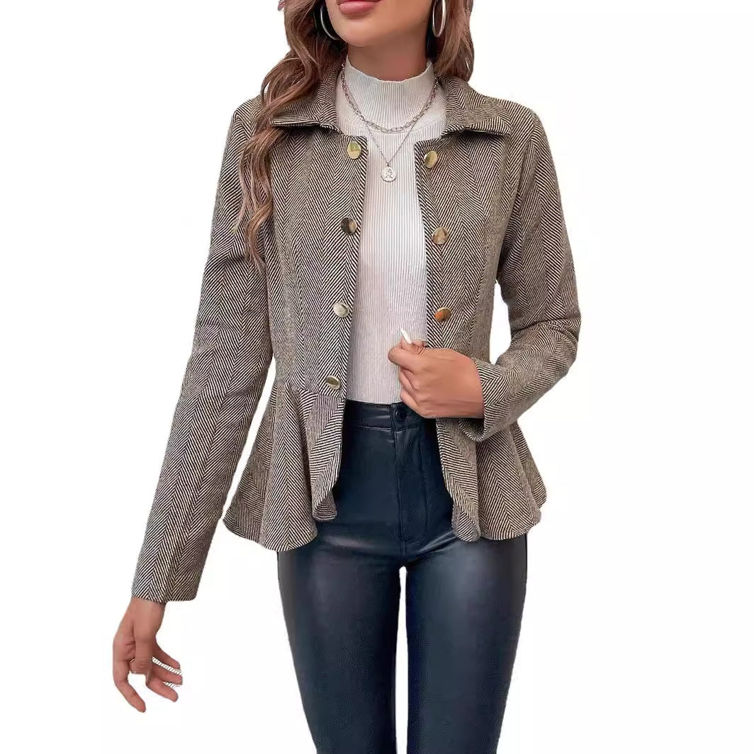 Herringbone Peplum Button‑Front Collared Jacket