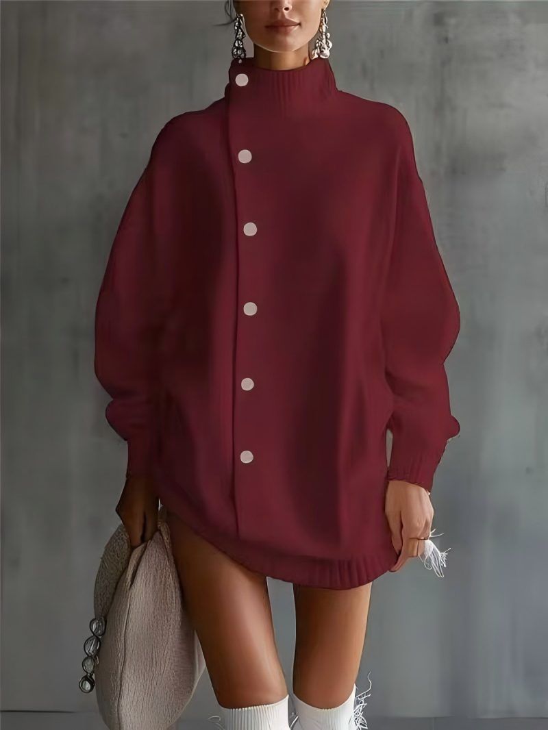 Oversized Asymmetric Button Turtleneck Knit Mini Dress
