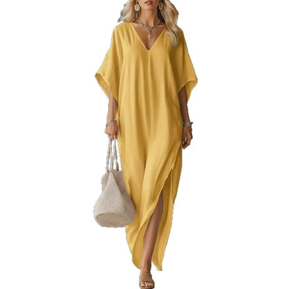 Linen Blend V-Neck Kaftan Maxi Dress