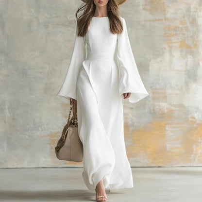 Ribbed Boat Neck Flare Sleeve Fitted Wrap Maxi Dress