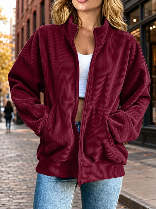 Oversized Corduroy Zip‑Up Jacket Women Stand Collar Casual Outerwear Coat