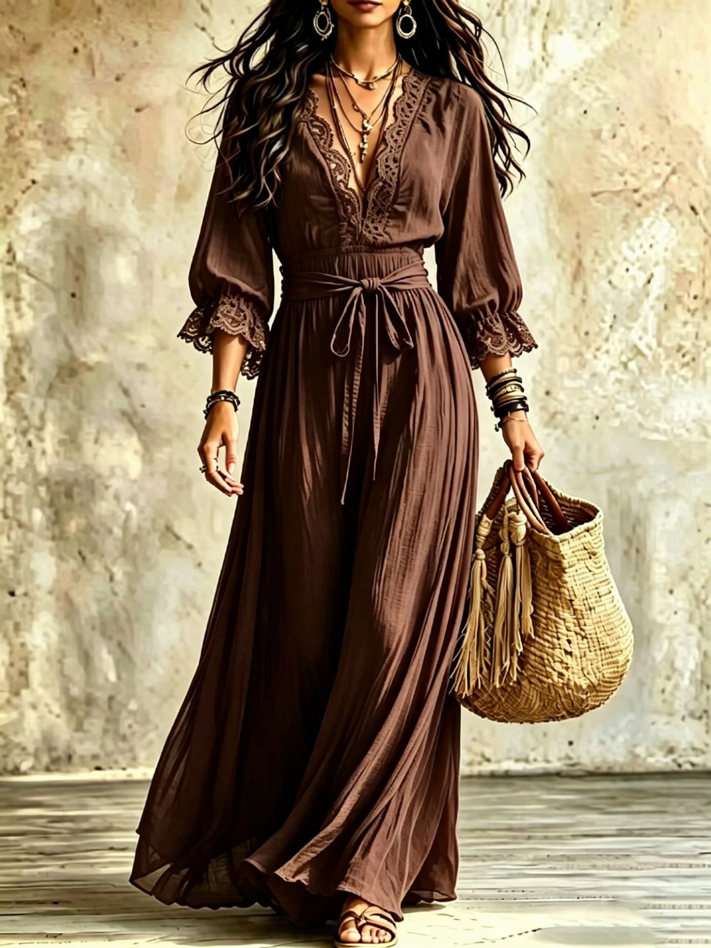 Women Boho V‑Neck Maxi Dress, 3/4 Flare Bell Sleeve Tie Waist A‑Line Flowy Long Dress Casual Vacation Beach Dress