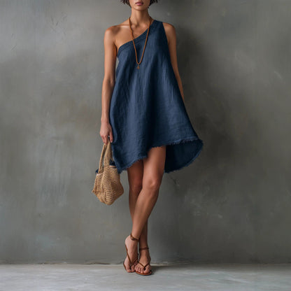 Linen One Shoulder Frayed Hem Asymmetrical Mini Swing Dress