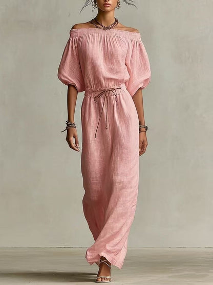 Off‑The‑Shoulder Linen‑Blend Maxi Dress