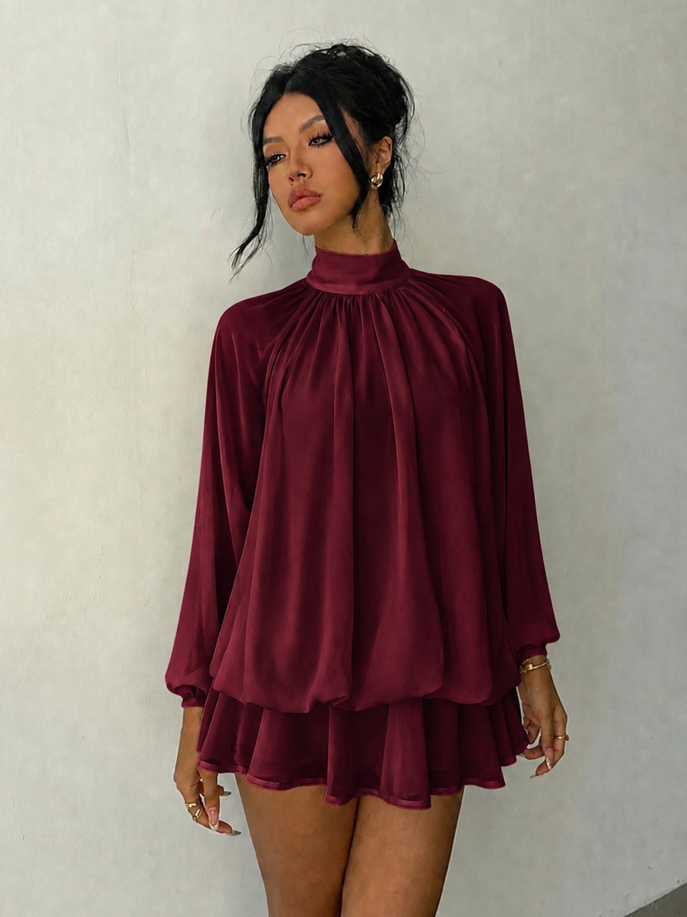 Mock Neck Long Sleeve Skort Dress Women Solid Ruffle Layer Hem Loose Casual Mini Dress