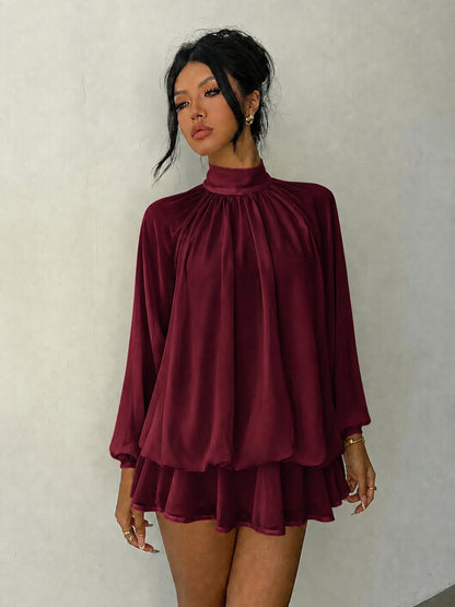 Mock Neck Long Sleeve Skort Dress Women Solid Ruffle Layer Hem Loose Casual Mini Dress
