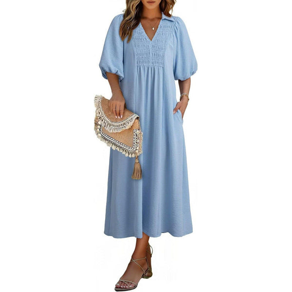 Smocked V‑Neck Puff‑Sleeve Midi Dress