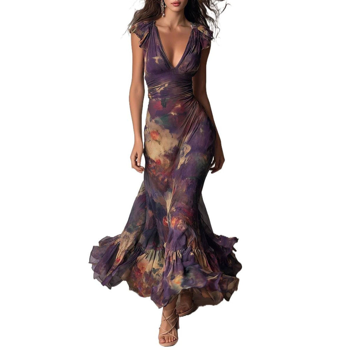 Deep V‑Neck Ruffle Cap Sleeve Watercolor Floral Maxi Dress