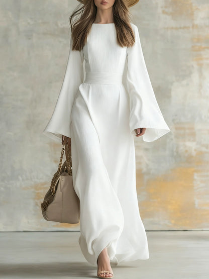 Ribbed Boat Neck Flare Sleeve Fitted Wrap Maxi Dress