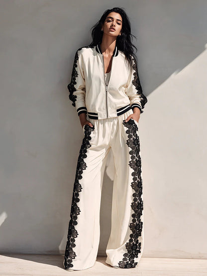 Bomber Jacket & Wide‑Leg Pants Two‑Piece Set with Black Lace Trim