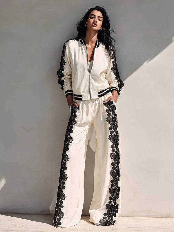 Bomber Jacket & Wide‑Leg Pants Two‑Piece Set with Black Lace Trim