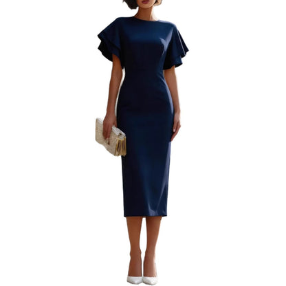 Round Neck Double‑Layer Ruffle Flutter Sleeve Bodycon Midi Dress