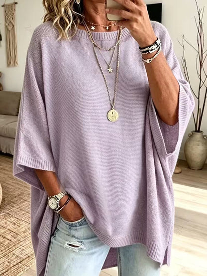 Women's Solid Brown Round Neck Batwing 3/4 Sleeve Loose Knit Tunic Sweater