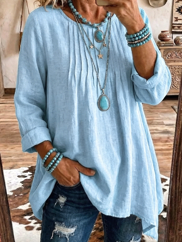 Women's Solid Linen Round Neck Pleated 3/4 Sleeve Loose Tunic Blouse