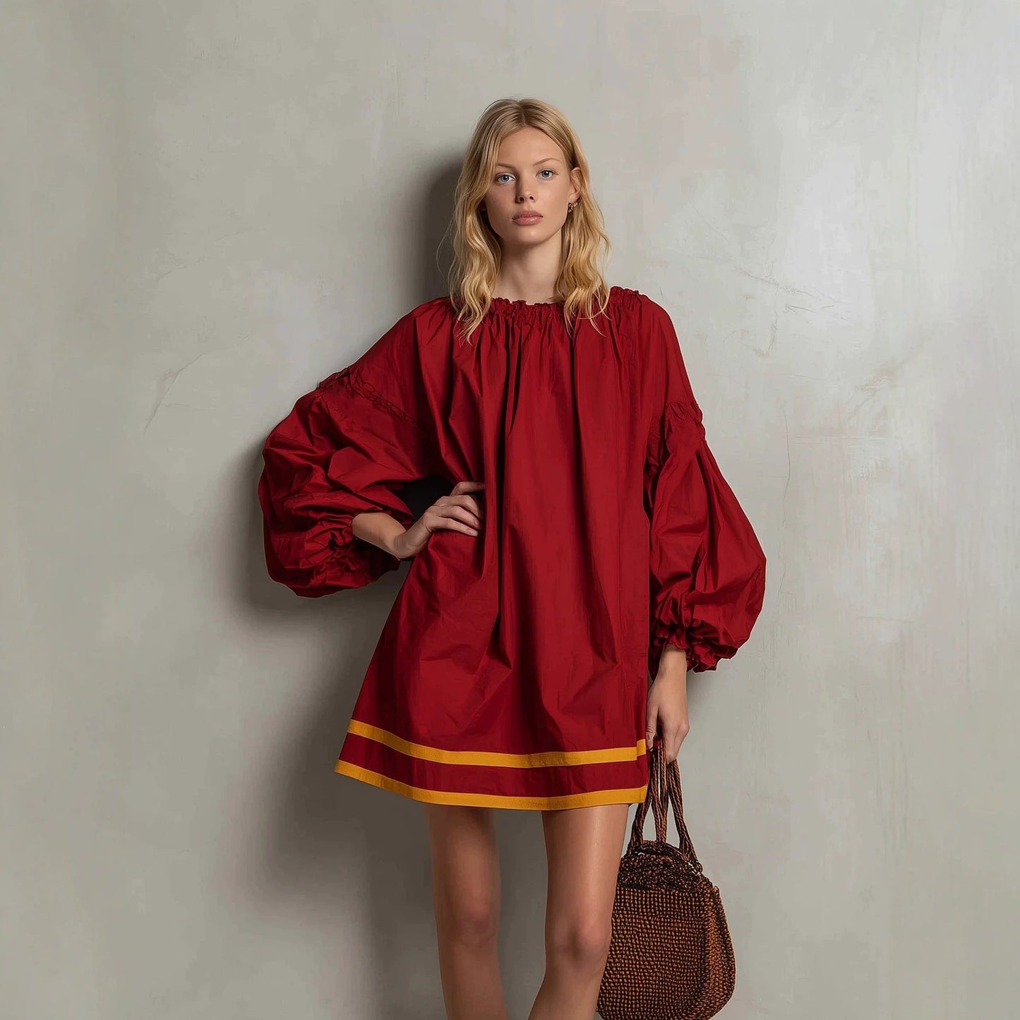 Ruffled Neck Balloon Sleeve Contrast Trim Poplin Mini Dress