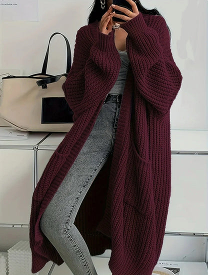 Women's Solid Chunky Knit Open Front Oversized Long Cardigan With Pockets