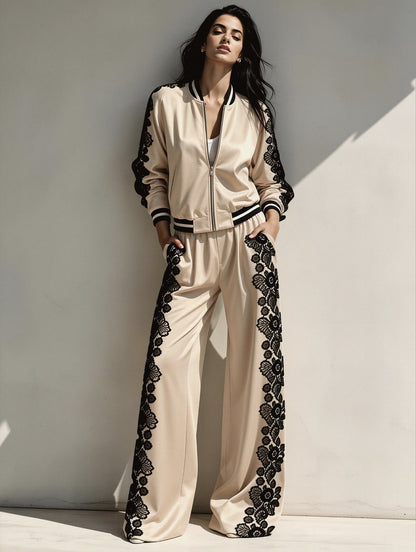 Bomber Jacket & Wide‑Leg Pants Two‑Piece Set with Black Lace Trim
