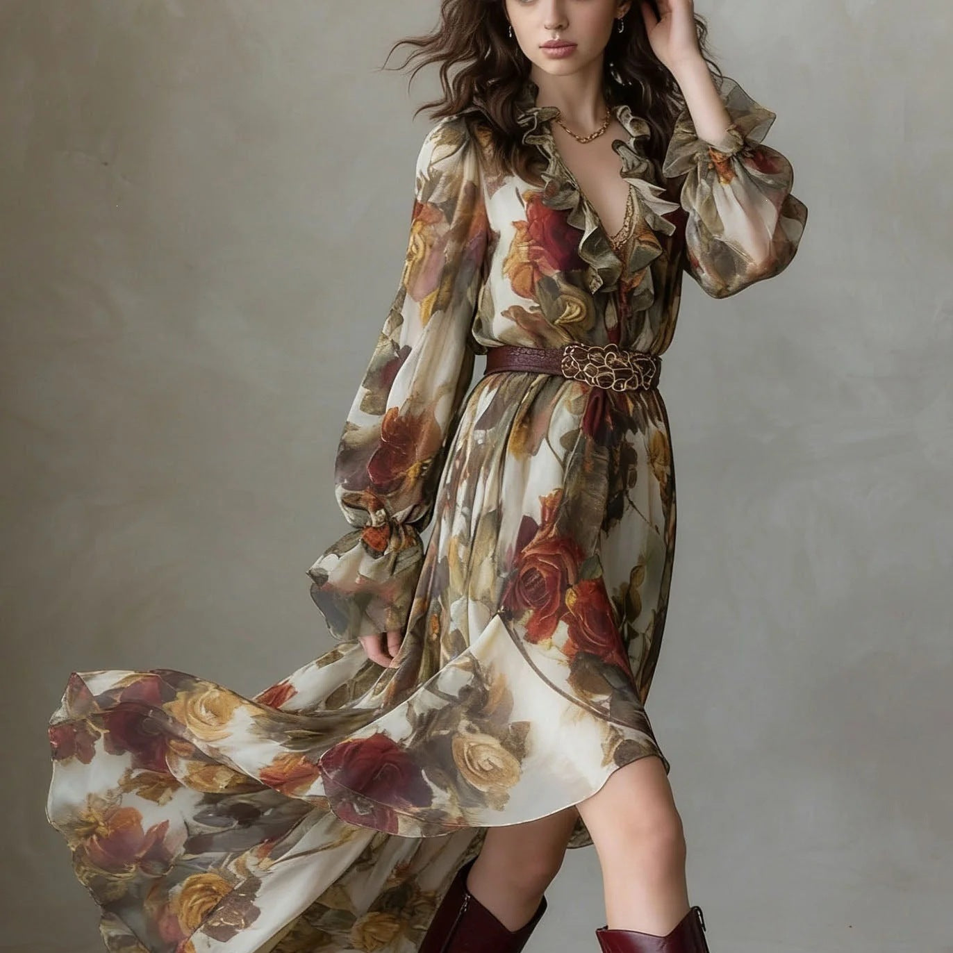 Vintage Rose Print Chiffon Maxi Dress Women Ruffle V‑Neck Long Sleeve Irregular Hem Dress