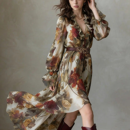 Vintage Rose Print Chiffon Maxi Dress Women Ruffle V‑Neck Long Sleeve Irregular Hem Dress