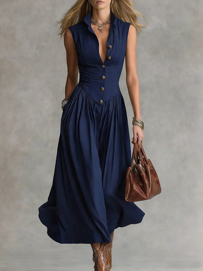 French Elegant Goddess Style Slim Fit Lapel Long Sleeveless Dress For Women