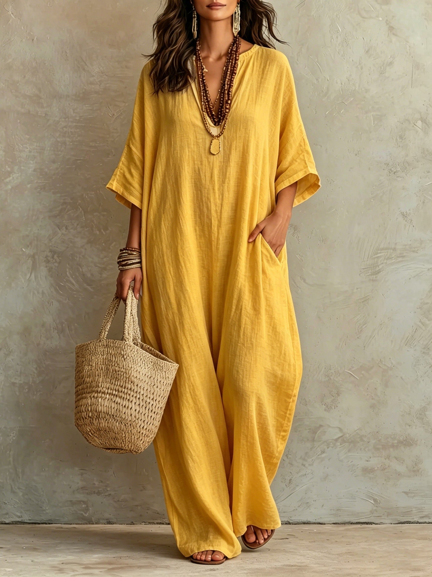 V‑Neck Half‑Sleeve Linen Blend Loose Maxi Kaftan Dress With Pockets
