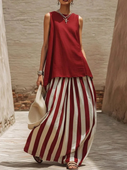 Solid Tank Top Striped Maxi Skirt Matching Set