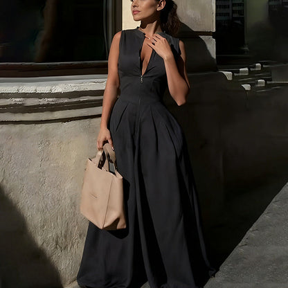 Sleeveless Front Zip Pleated Wide‑Leg Jumpsuit
