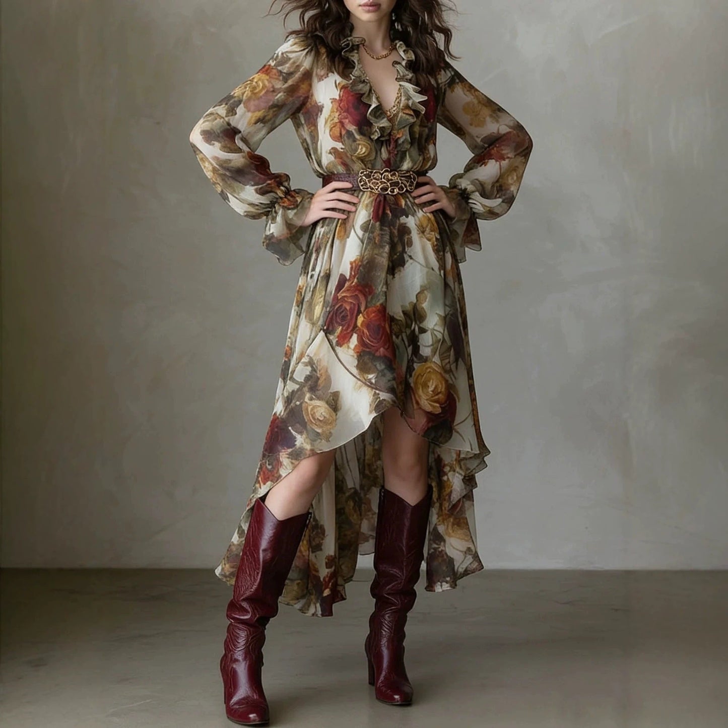 Vintage Rose Print Chiffon Maxi Dress Women Ruffle V‑Neck Long Sleeve Irregular Hem Dress