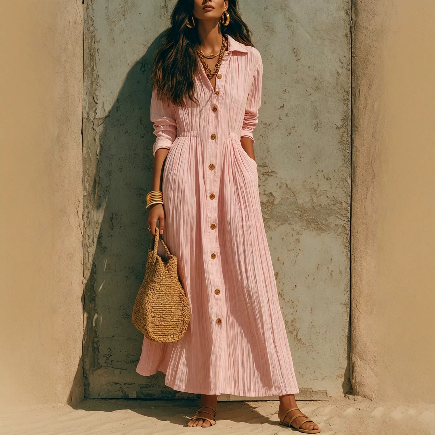 Oversized Crinkled Button Down Shirt Maxi Dress