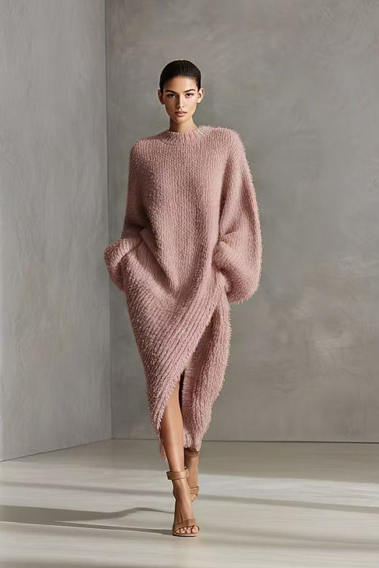 Women's Cream Textured Knit Oversized Long Sleeve Slit Maxi Sweater Dress
