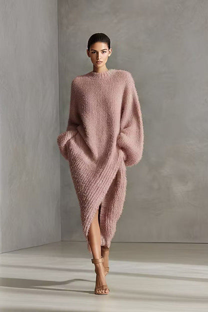 Women's Cream Textured Knit Oversized Long Sleeve Slit Maxi Sweater Dress
