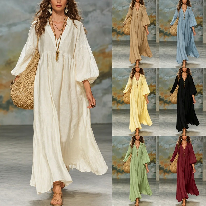 Boho V‑Neck Balloon Sleeve Linen‑Blend Maxi Dress