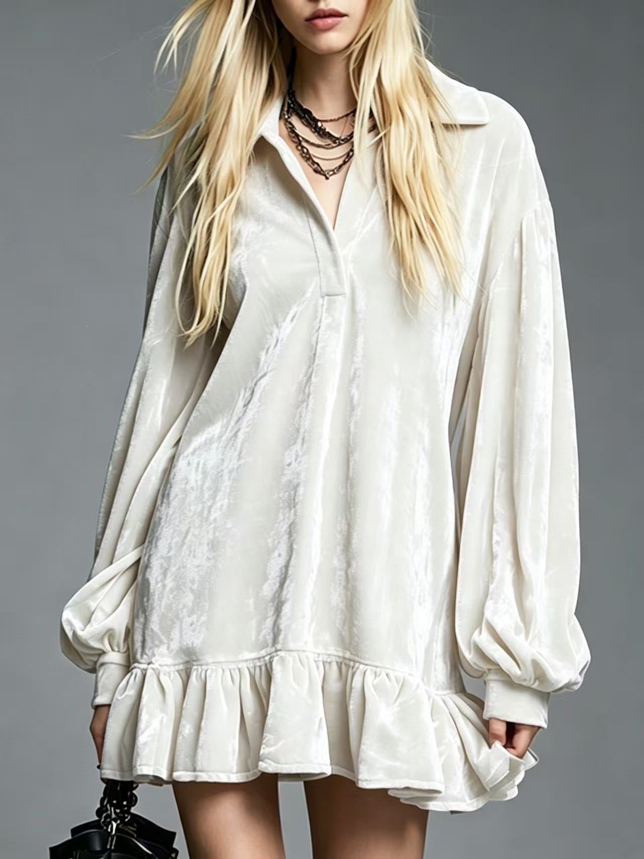 Velvet Ruffle Hem Mini Dress Women Lapel Long Sleeve Loose Casual Tunic Dress