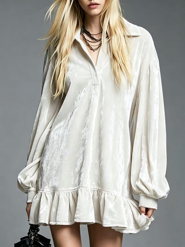 Velvet Ruffle Hem Mini Dress Women Lapel Long Sleeve Loose Casual Tunic Dress