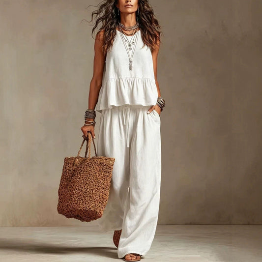 Cotton linen 2 Piece Set: Sleeveless Ruffle Tank Top & Drawstring Wide Leg Pants