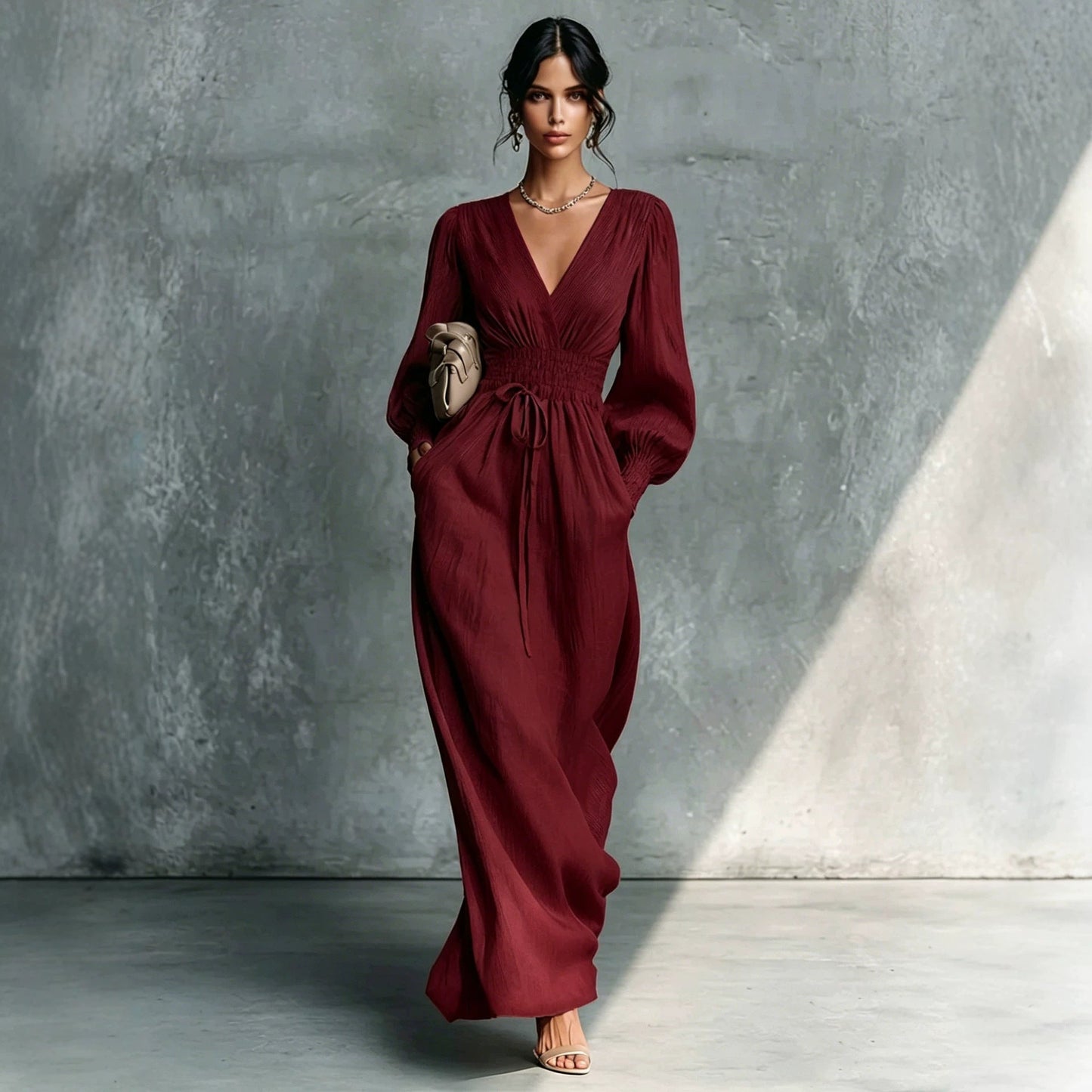 Textured V-Neck Smocked Waist Maxi Dress