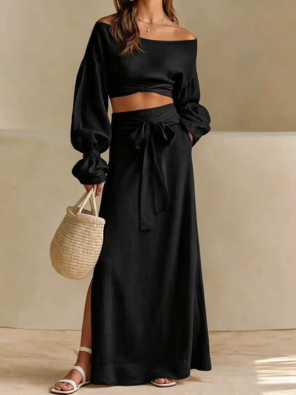 Linen‑Blend Off‑Shoulder Crop Top & Tie‑Waist Slit Maxi Skirt Two‑Piece Set