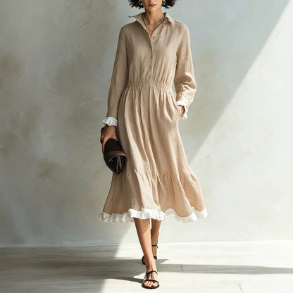 Button-Down Shirt Dress with White Ruffle Trim