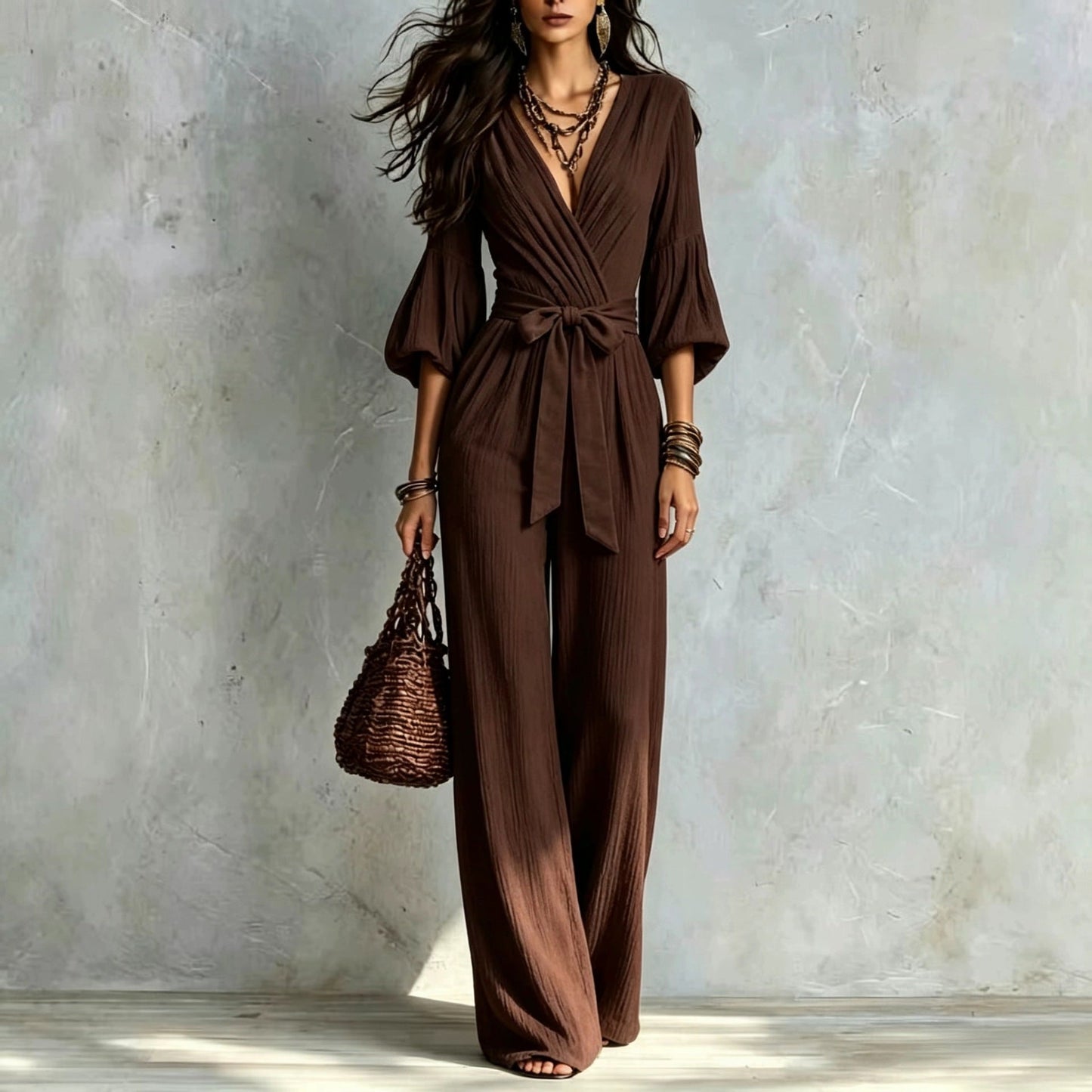 V‑Neck Wrap Belted Textured Wide‑Leg Jumpsuit With Balloon Sleeves