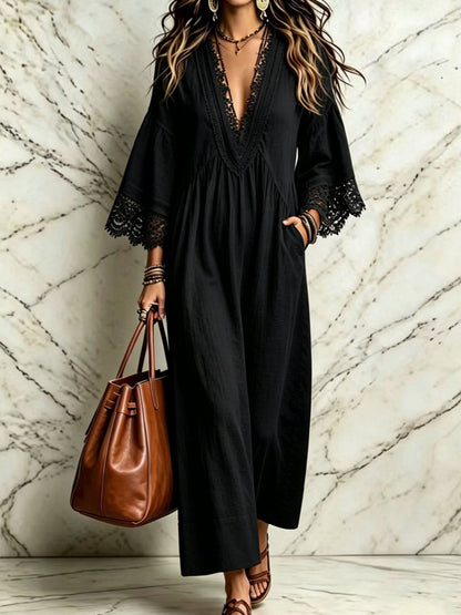 Boho Lace V‑Neck Maxi Dress Women Loose 3/4 Sleeve Beach Vacation Long Gown
