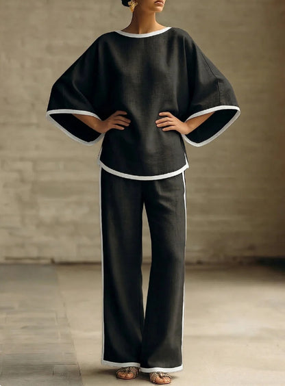 Women'S Elegant Round Neck Loose Bat Sleeves Cotton And Linen Two-Piece Set