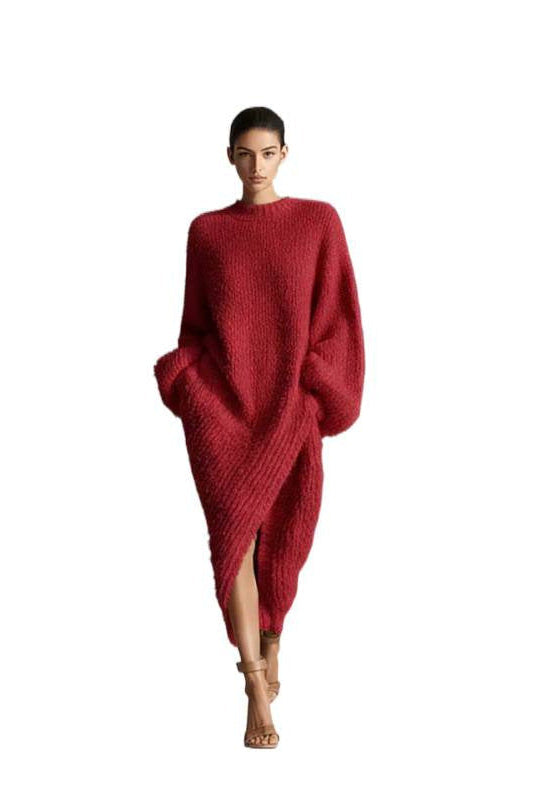 Women's Cream Textured Knit Oversized Long Sleeve Slit Maxi Sweater Dress