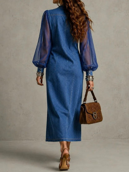 Denim Chiffon Sleeve Midi Dress With Side Button Slit