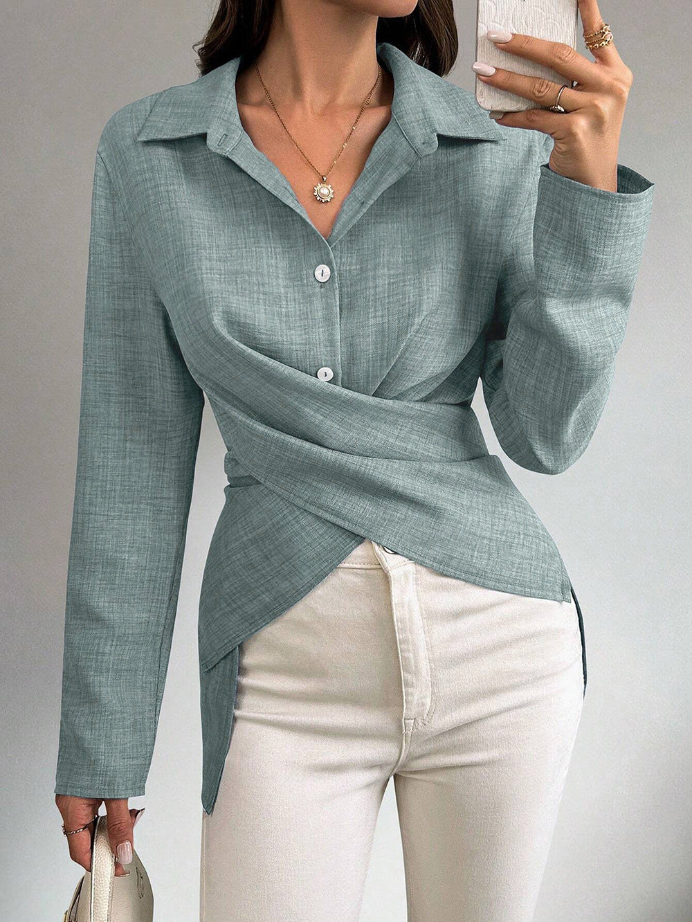 Multi‑Way Wrap‑Tie Long‑Sleeve Linen Blend Shirt