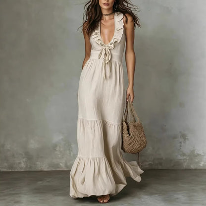 Loose Casual Deep V Ruffled Sleeveless Long Skirt Dress