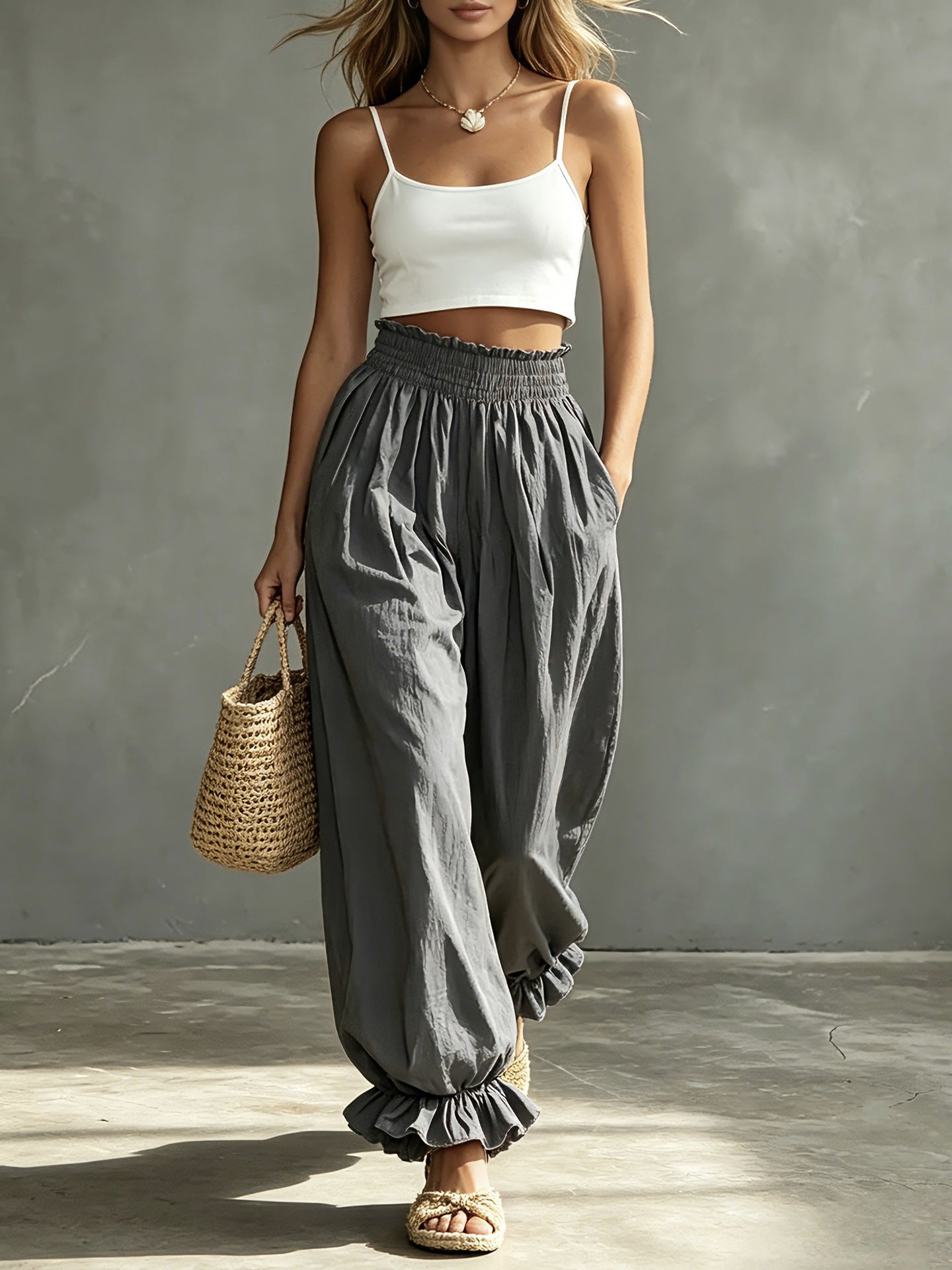 Casual Light Blue Ruffled Lantern Pants Elastic Waist Pants