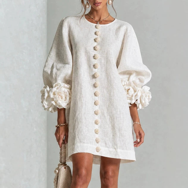 3D Floral Cuff Linen Mini Dress
